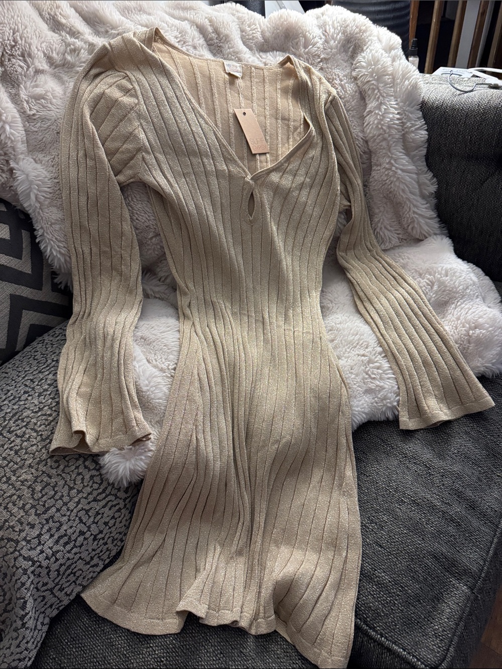 Surf Gypsy Beige Ribbed Knit Long Sleeve Dress